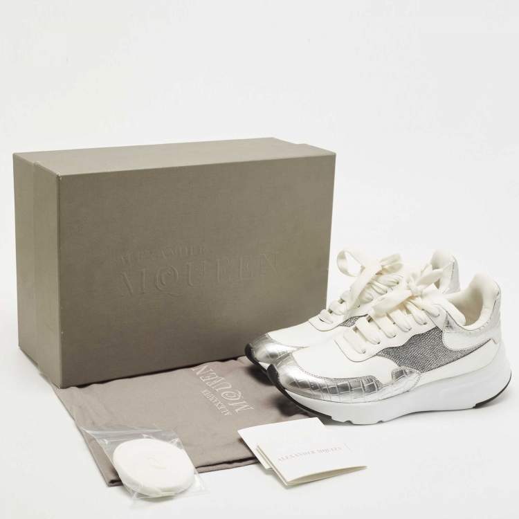 Pre Owned Alexander McQueen White Croc Embossed Leather Oversized Low Top Sneakers Size 40.5