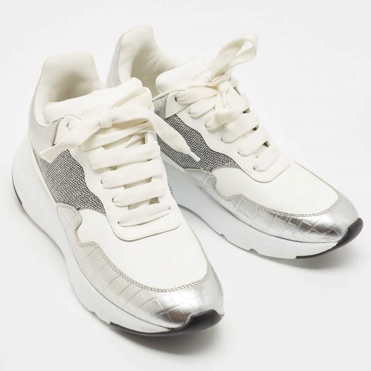 Pre Owned Alexander McQueen White Croc Embossed Leather Oversized Low Top Sneakers Size 40.5