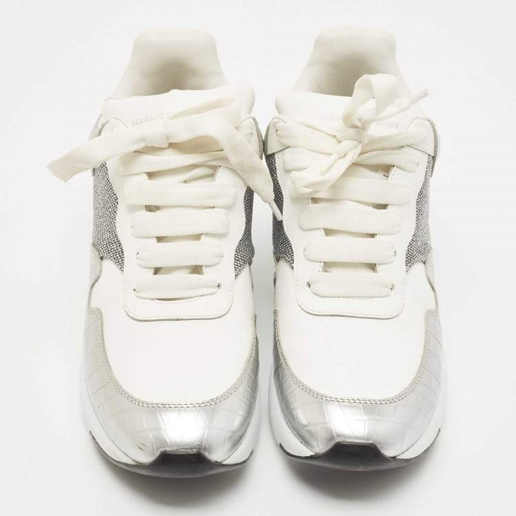Pre Owned Alexander McQueen White Croc Embossed Leather Oversized Low Top Sneakers Size 40.5