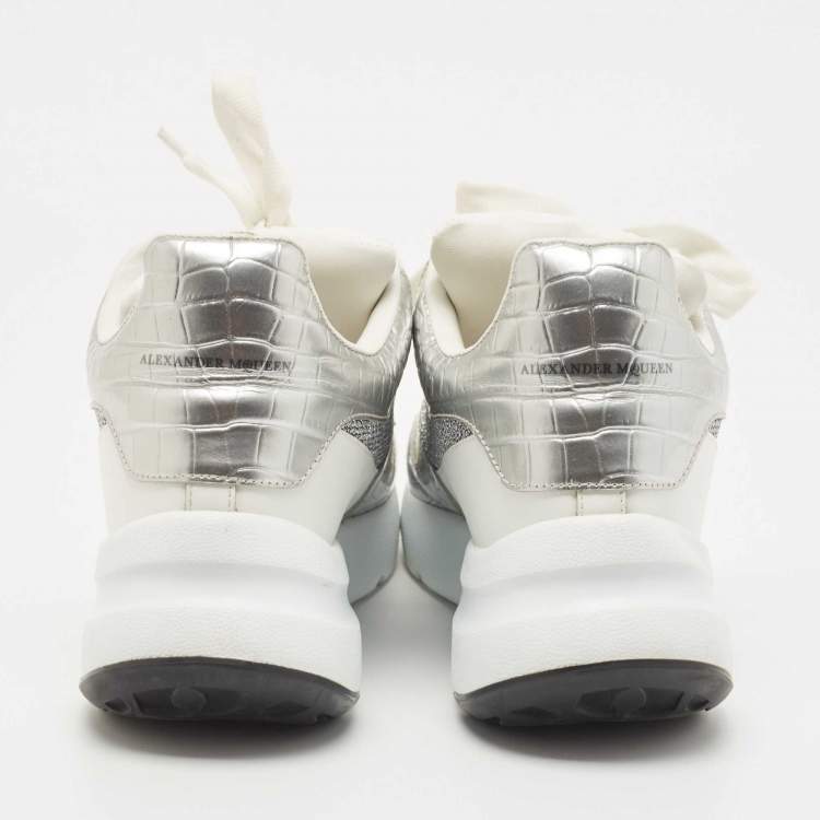 Pre Owned Alexander McQueen White Croc Embossed Leather Oversized Low Top Sneakers Size 40.5