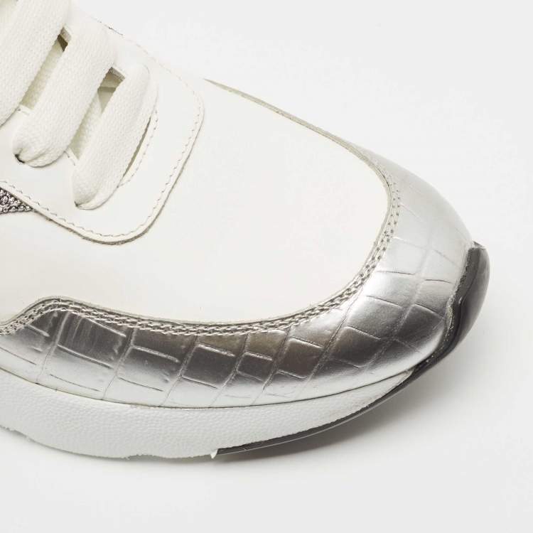 Pre Owned Alexander McQueen White Croc Embossed Leather Oversized Low Top Sneakers Size 40.5
