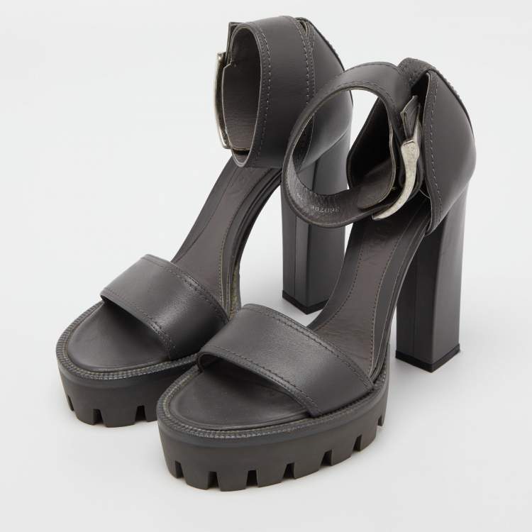 Pre Owned Alexander McQueen Grey Leather Ankle Strap Platform Sandals Size 38