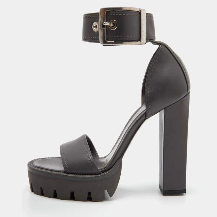 Pre Owned Alexander McQueen Grey Leather Ankle Strap Platform Sandals Size 38