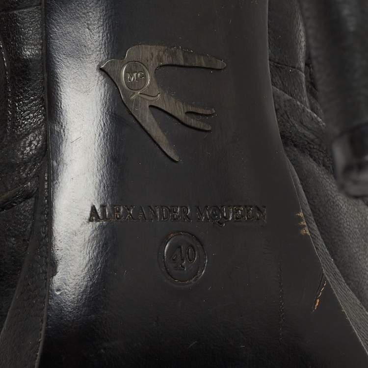 Pre Owned McQ by Alexander McQueen Black Croc Embossed Leather Peep Toe Ankle Strap Booties Size 40