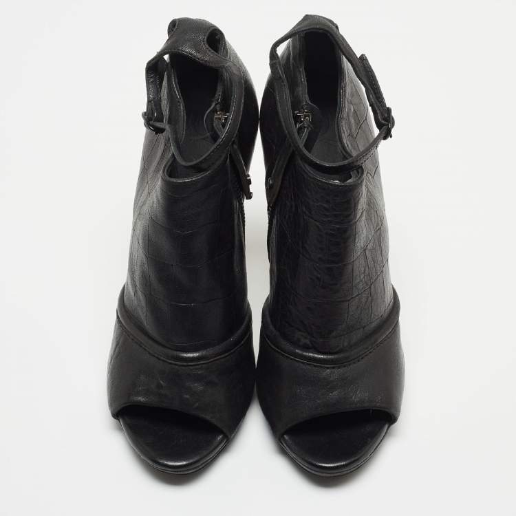 Pre Owned McQ by Alexander McQueen Black Croc Embossed Leather Peep Toe Ankle Strap Booties Size 40