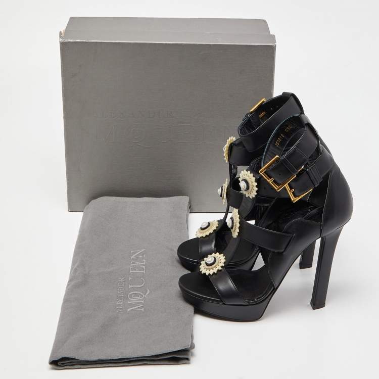 Pre Owned Alexander McQueen Black Leather Strappy Platform Sandals Size 38.5