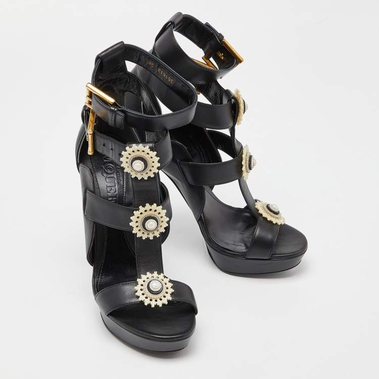 Pre Owned Alexander McQueen Black Leather Strappy Platform Sandals Size 38.5