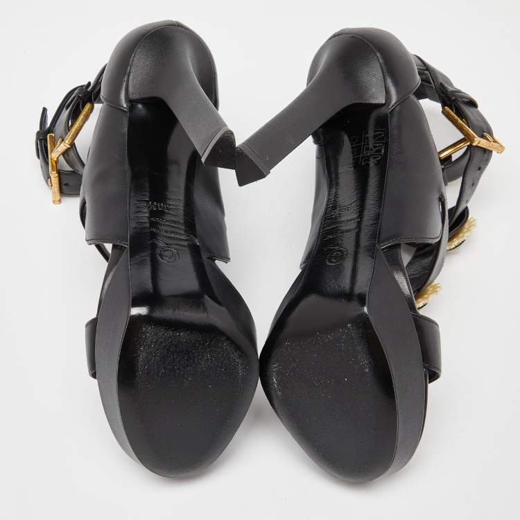 Pre Owned Alexander McQueen Black Leather Strappy Platform Sandals Size 38.5
