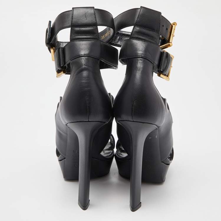 Pre Owned Alexander McQueen Black Leather Strappy Platform Sandals Size 38.5