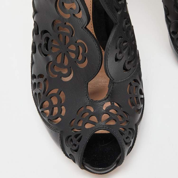Pre Owned Alexander McQueen Black Laser Cut Leather Peep Toe Booties Size 36