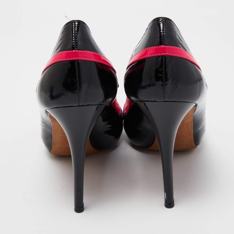 Pre Owned Alexander McQueen Black/Pink Patent Leather Open Toe Pumps Size 37