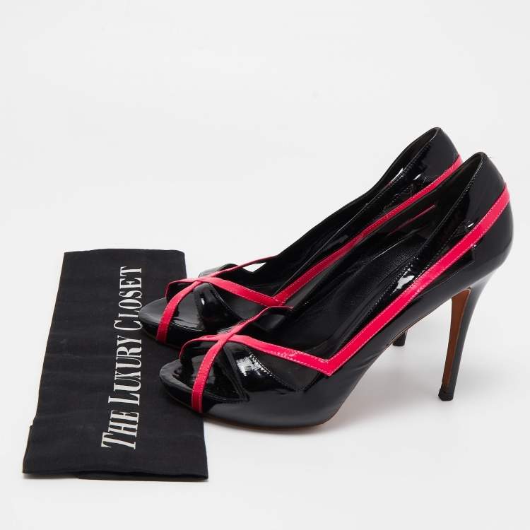 Pre Owned Alexander McQueen Black/Pink Patent Leather Open Toe Pumps Size 37