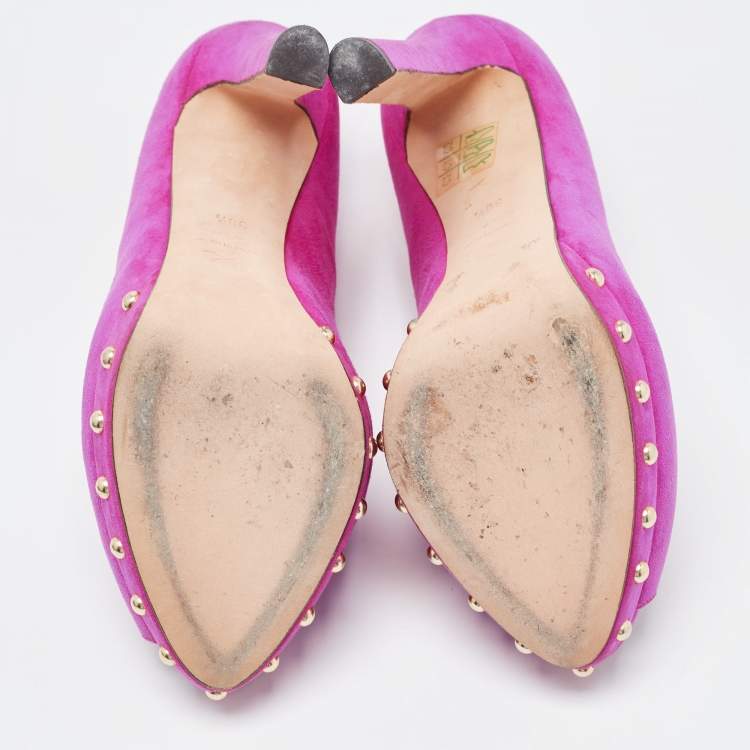 Pre Owned Alexander McQueen Pink Suede Embellished Skull Studded Platform Peep Toe Pumps Size 38.5