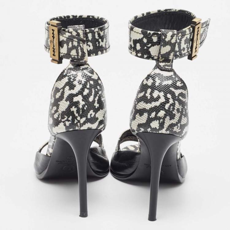 Pre Owned Alexander McQueen Black/White Leather and Lizard Embossed Lana Razor Ankle Cuff Sandals Size 39
