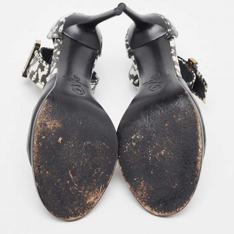 Pre Owned Alexander McQueen Black/White Leather and Lizard Embossed Lana Razor Ankle Cuff Sandals Size 39