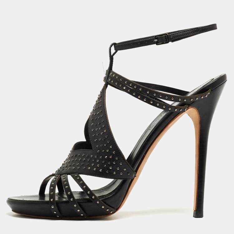 Pre Owned Alexander McQueen Black Leather Studded Caged Sandals Size 40