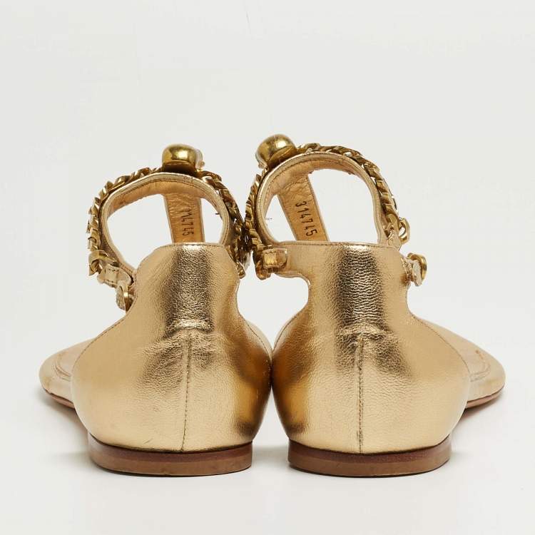 Pre Owned Alexander McQueen Gold Leather Skull Chain Thong Flat Sandals Size 37.5