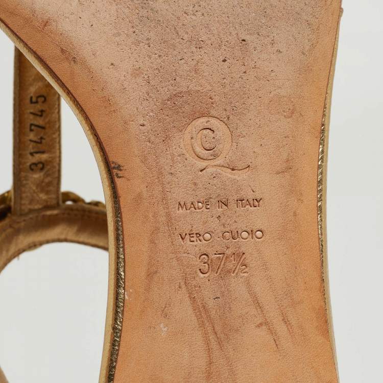 Pre Owned Alexander McQueen Gold Leather Skull Chain Thong Flat Sandals Size 37.5