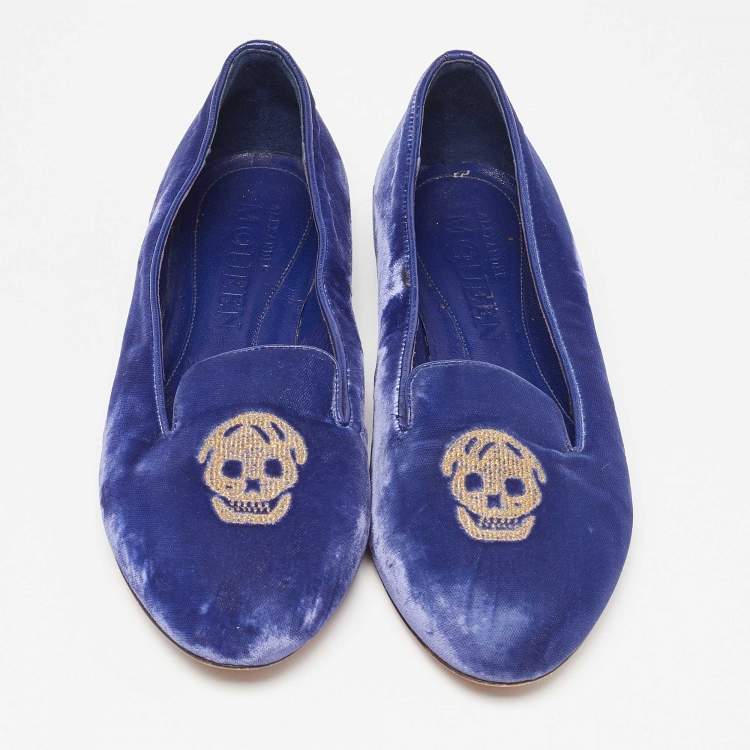 Pre Owned Alexander McQueen Blue Velvet Skull Smoking Slippers Size 37
