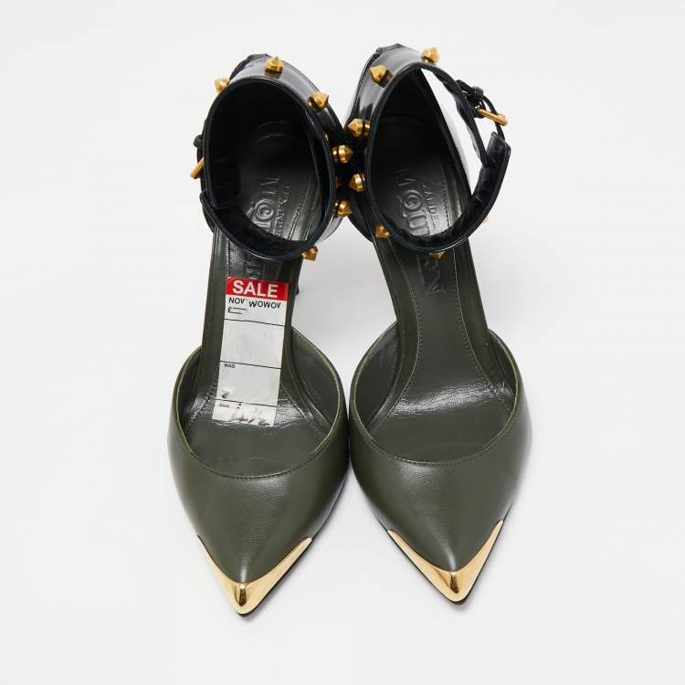 Pre Owned Alexander McQueen Green Leather Ankle Strap Pumps Size 37.5