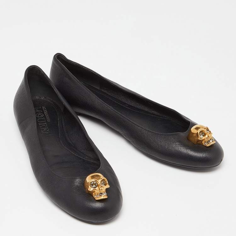Pre Owned Alexander McQueen Black Leather Skull City Ballet Flats Size 40