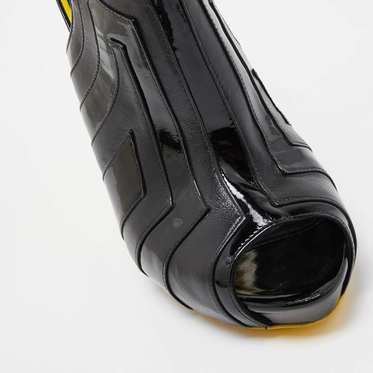 Pre Owned Alexander McQueen Black Patent and Leather Peep Toe Boots Size 38