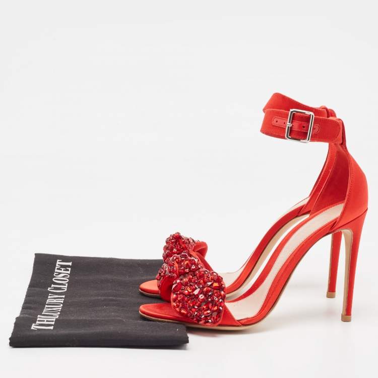 Pre Owned Alexander McQueen Red Satin Embellished Jewel Bow Ankle Strap Sandals Size 37
