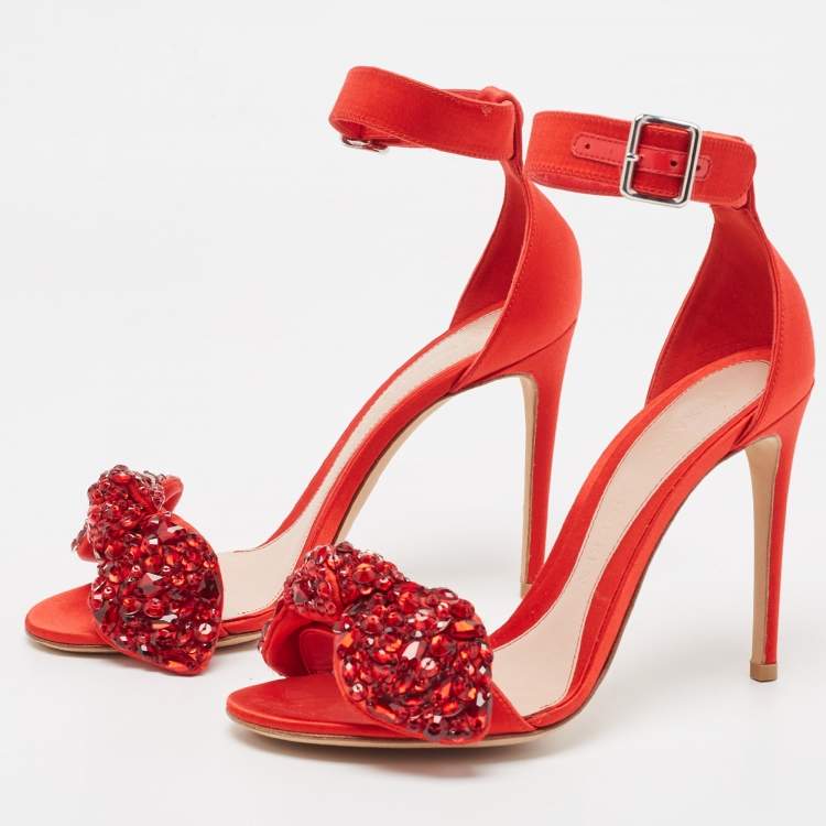 Pre Owned Alexander McQueen Red Satin Embellished Jewel Bow Ankle Strap Sandals Size 37