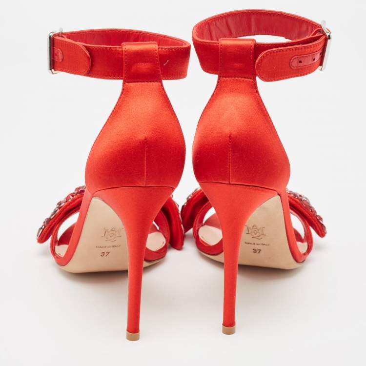 Pre Owned Alexander McQueen Red Satin Embellished Jewel Bow Ankle Strap Sandals Size 37