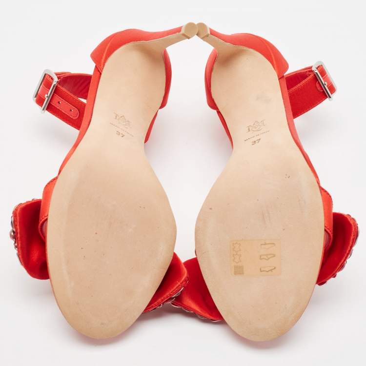 Pre Owned Alexander McQueen Red Satin Embellished Jewel Bow Ankle Strap Sandals Size 37