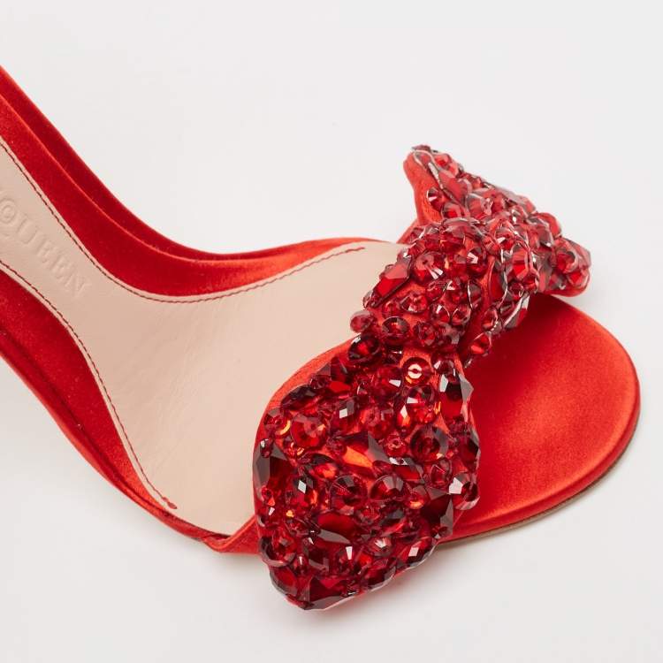 Pre Owned Alexander McQueen Red Satin Embellished Jewel Bow Ankle Strap Sandals Size 37
