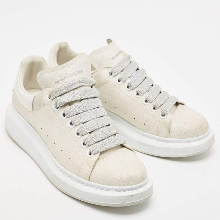 Pre Owned Alexander McQueen White Glitter and Leather Oversized Sneakers Size  41