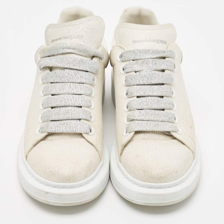 Pre Owned Alexander McQueen White Glitter and Leather Oversized Sneakers Size  41