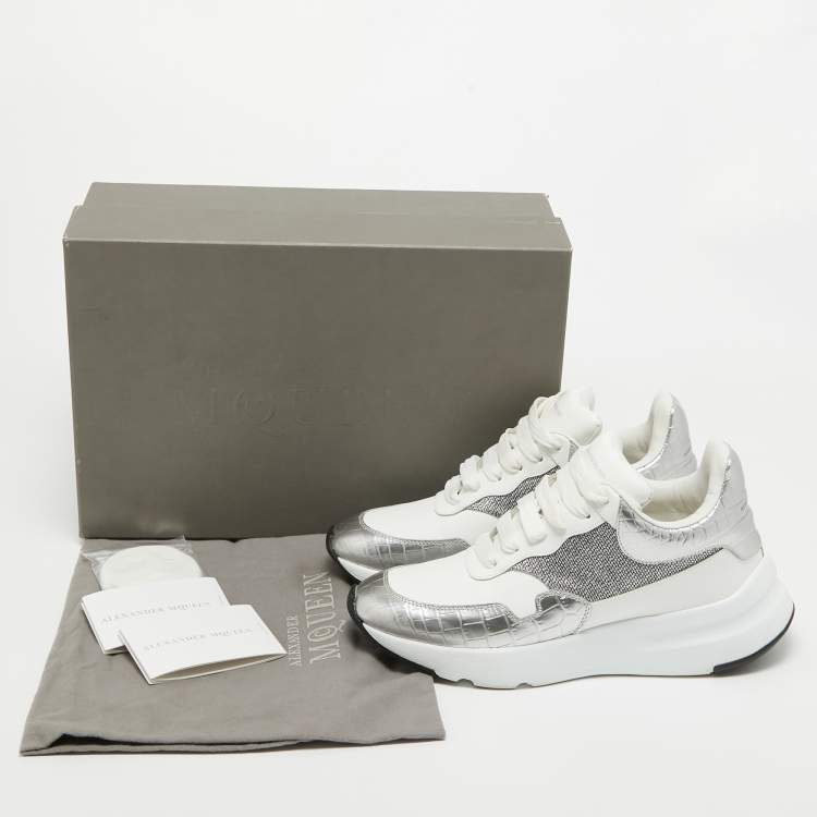 Pre Owned Alexander McQueen White/Silver Croc Embossed and Leather Larry Sneakers Size 40.5