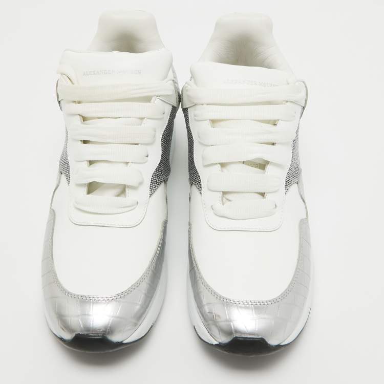 Pre Owned Alexander McQueen White/Silver Croc Embossed and Leather Larry Sneakers Size 40.5