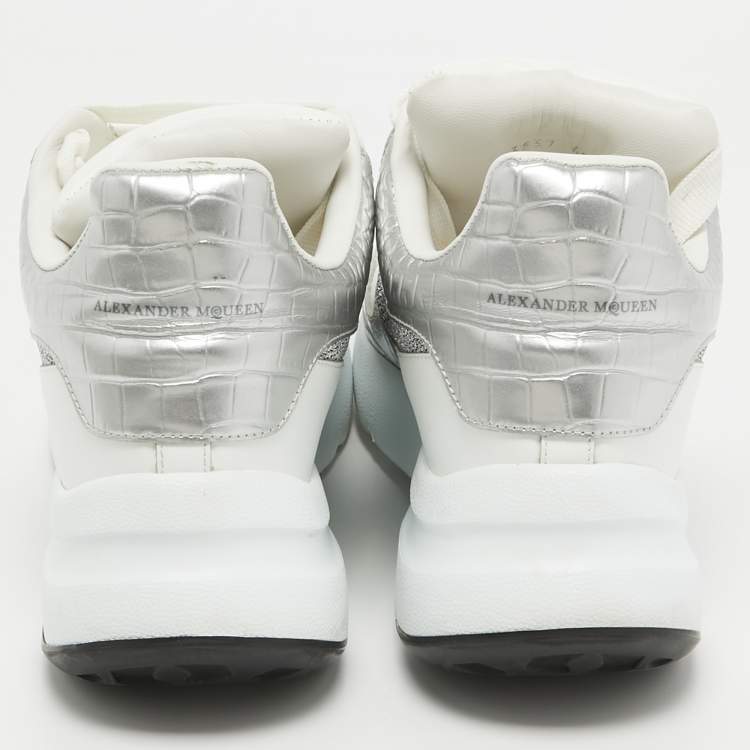 Pre Owned Alexander McQueen White/Silver Croc Embossed and Leather Larry Sneakers Size 40.5