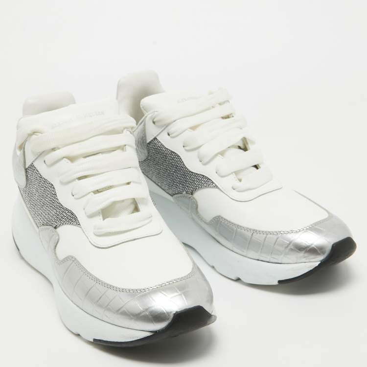 Pre Owned Alexander McQueen White/Silver Croc Embossed and Leather Larry Sneakers Size 40.5