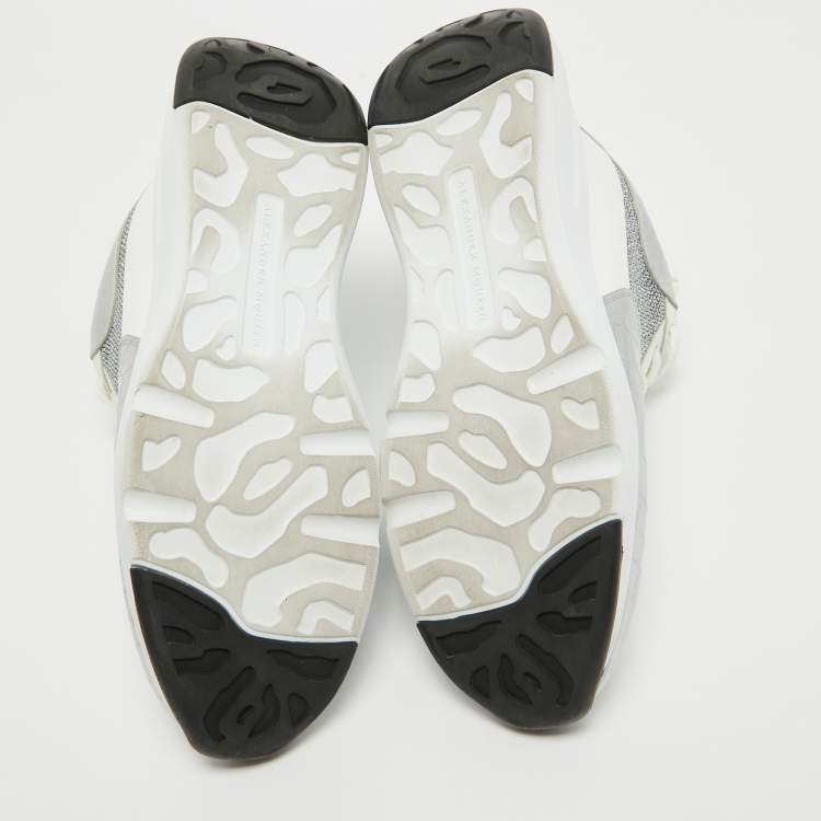 Pre Owned Alexander McQueen White/Silver Croc Embossed and Leather Larry Sneakers Size 40.5