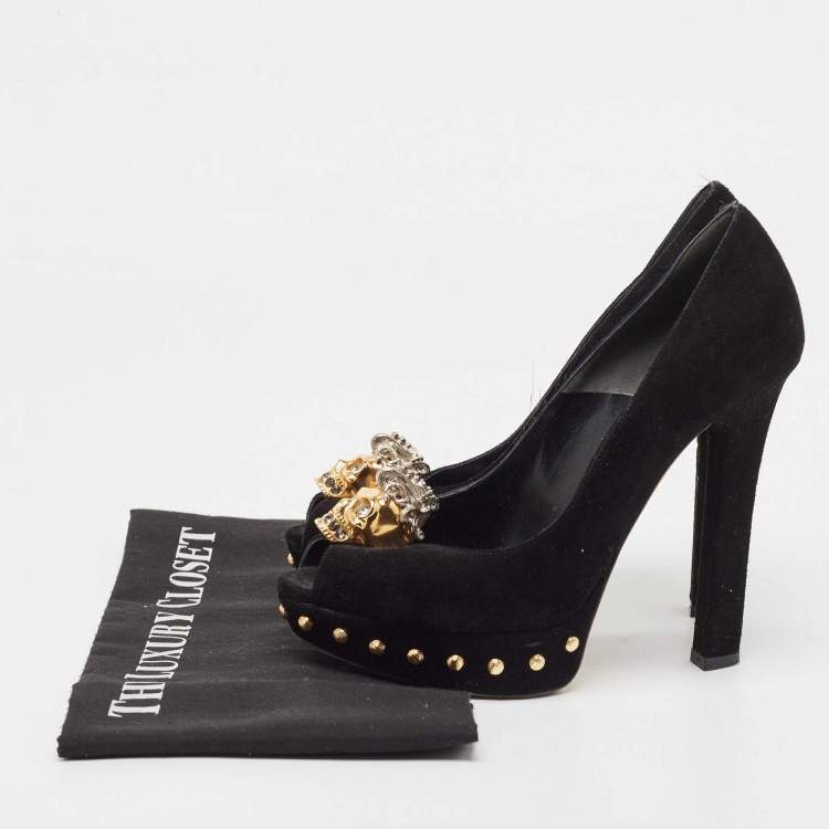 Pre Owned Alexander McQueen Black Suede Skull Peep Toe Platform Pumps Size 36