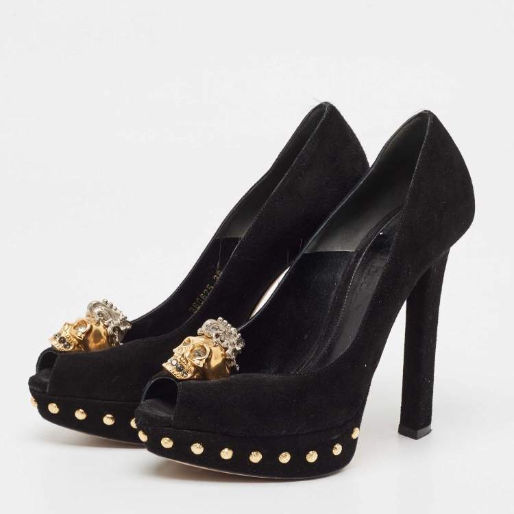 Pre Owned Alexander McQueen Black Suede Skull Peep Toe Platform Pumps Size 36