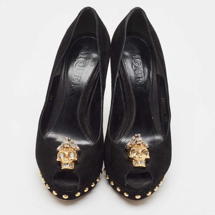 Pre Owned Alexander McQueen Black Suede Skull Peep Toe Platform Pumps Size 36