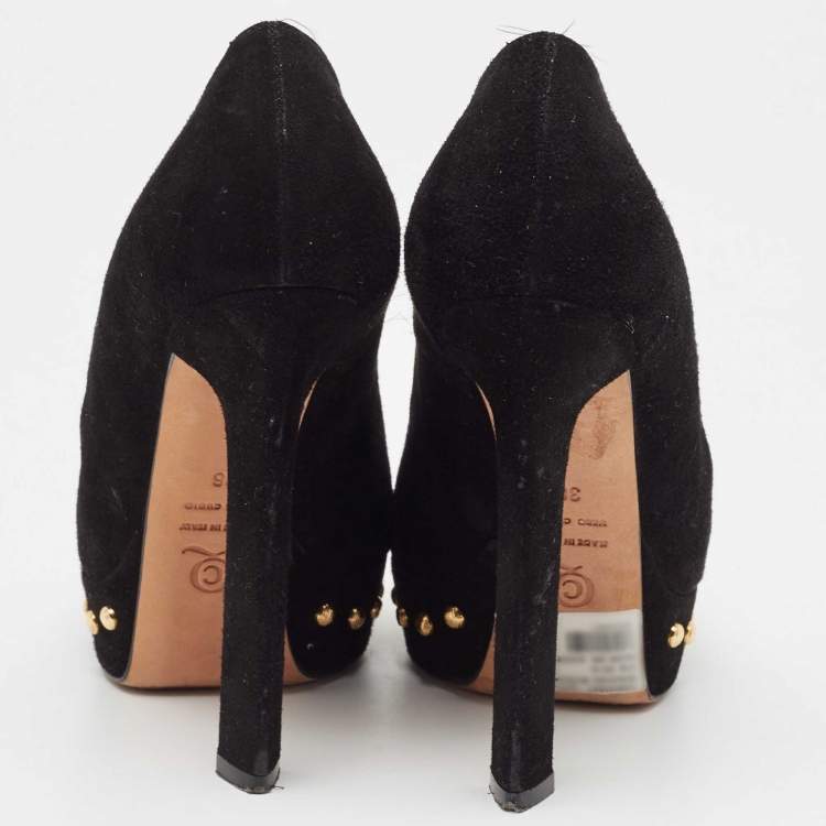 Pre Owned Alexander McQueen Black Suede Skull Peep Toe Platform Pumps Size 36