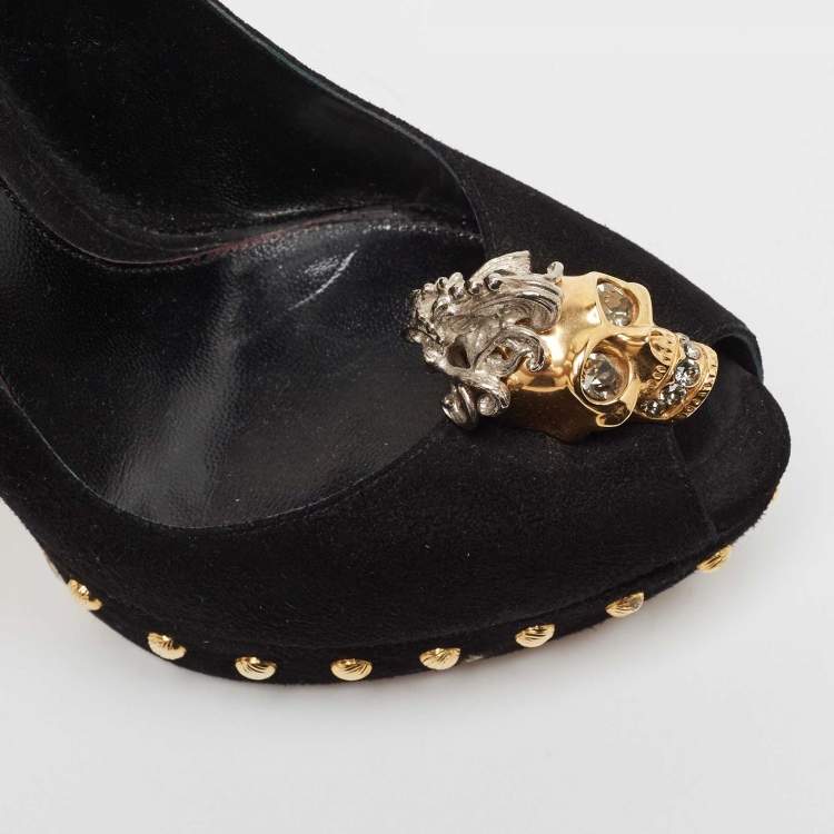 Pre Owned Alexander McQueen Black Suede Skull Peep Toe Platform Pumps Size 36