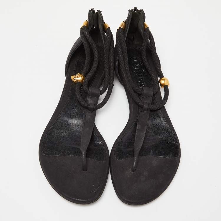 Pre Owned Alexander McQueen Black Leather Skull Embellished Thong Flat Sandals Size 37