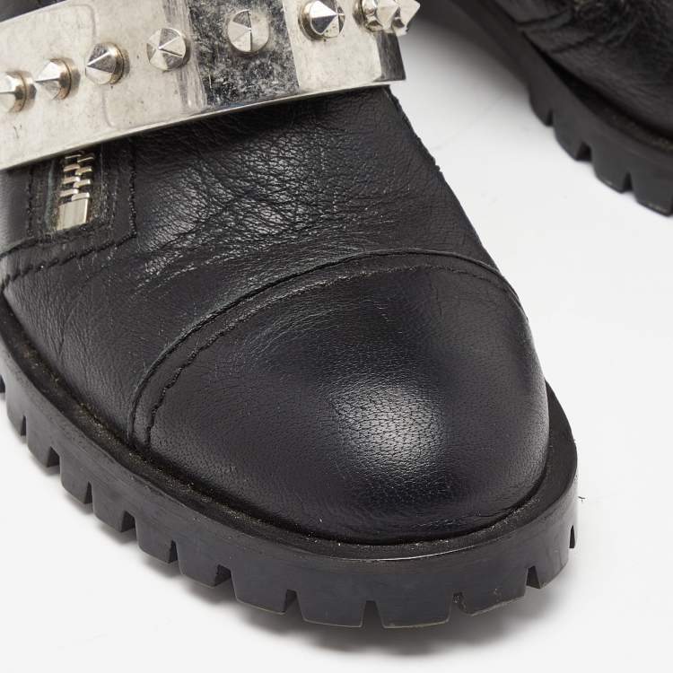 Pre Owned Alexander McQueen Black Leather Metal Bar Studded Biker Ankle Boots Size 37