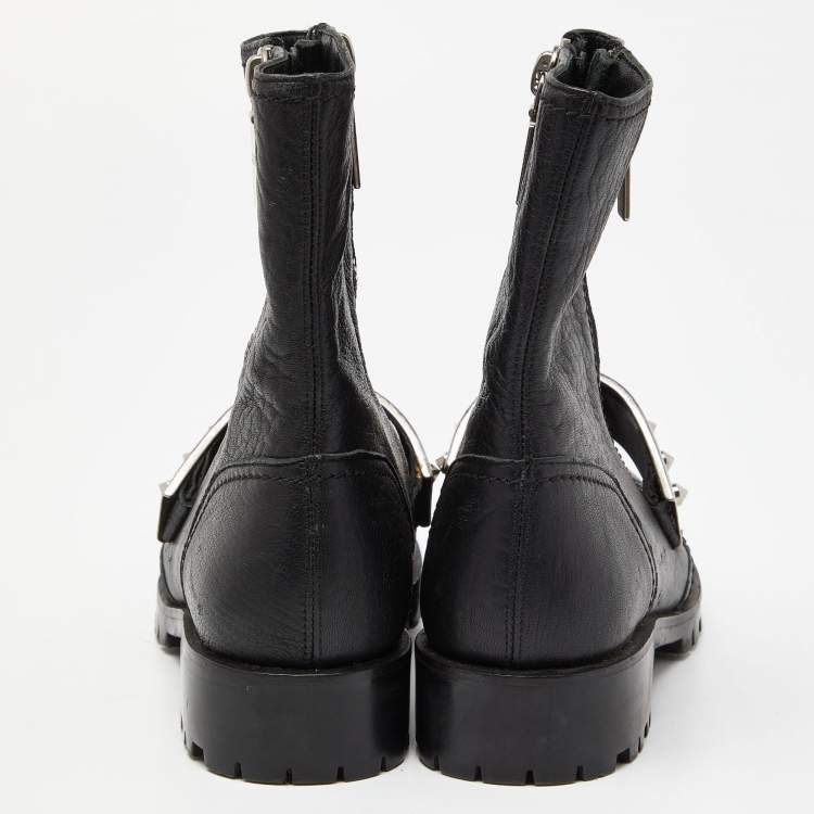 Pre Owned Alexander McQueen Black Leather Metal Bar Studded Biker Ankle Boots Size 37