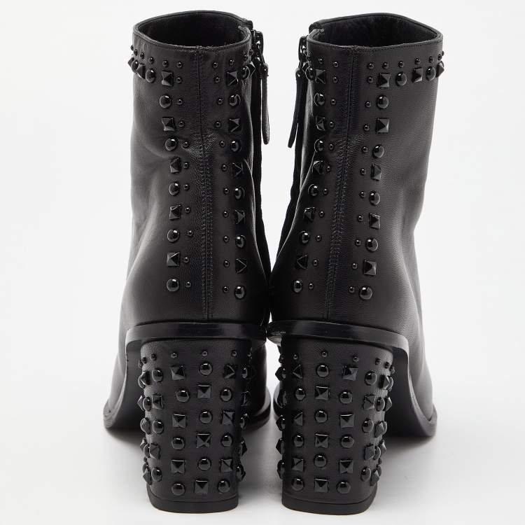 Pre Owned Alexander McQueen Black Leather Studded Block Heel Ankle Boots Size 39