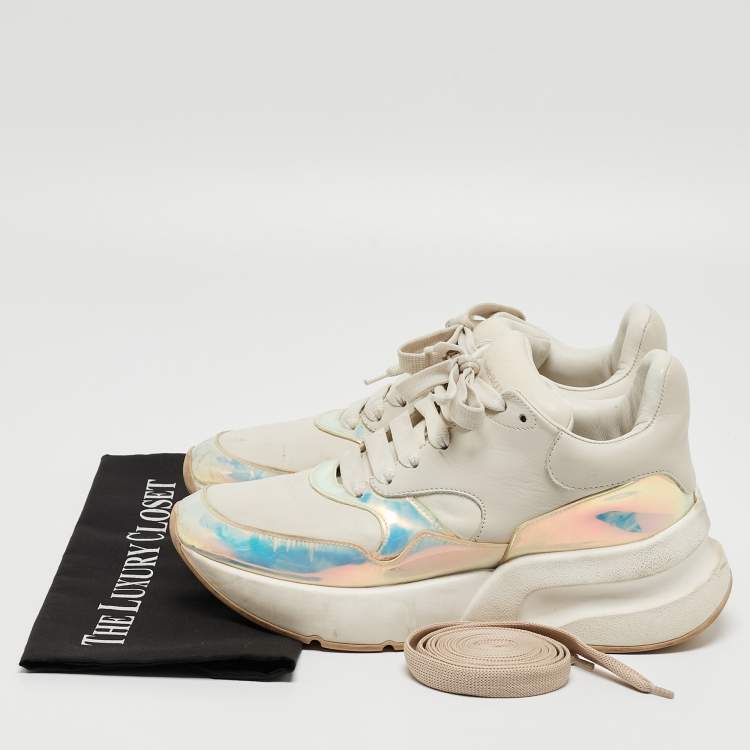 Pre Owned Alexander McQueen White/Holographic Leather Oversized Runner Sneakers Size 39.5