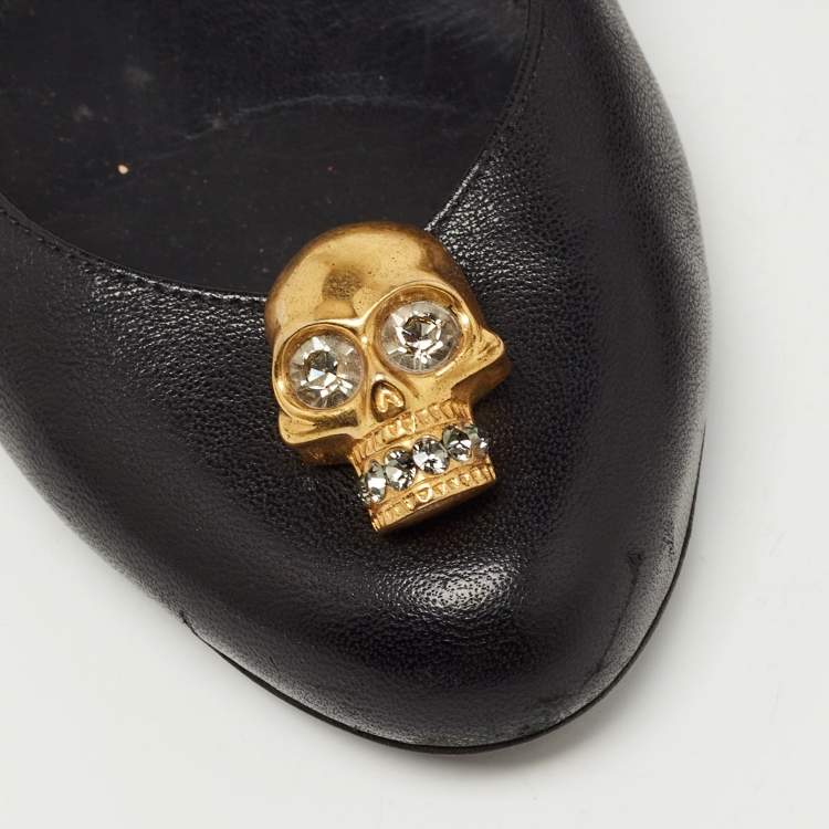 Pre Owned Alexander McQueen Black Leather Skull Ballet Flats Size 37