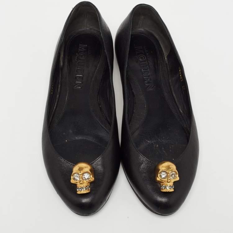 Pre Owned Alexander McQueen Black Leather Skull Ballet Flats Size 37